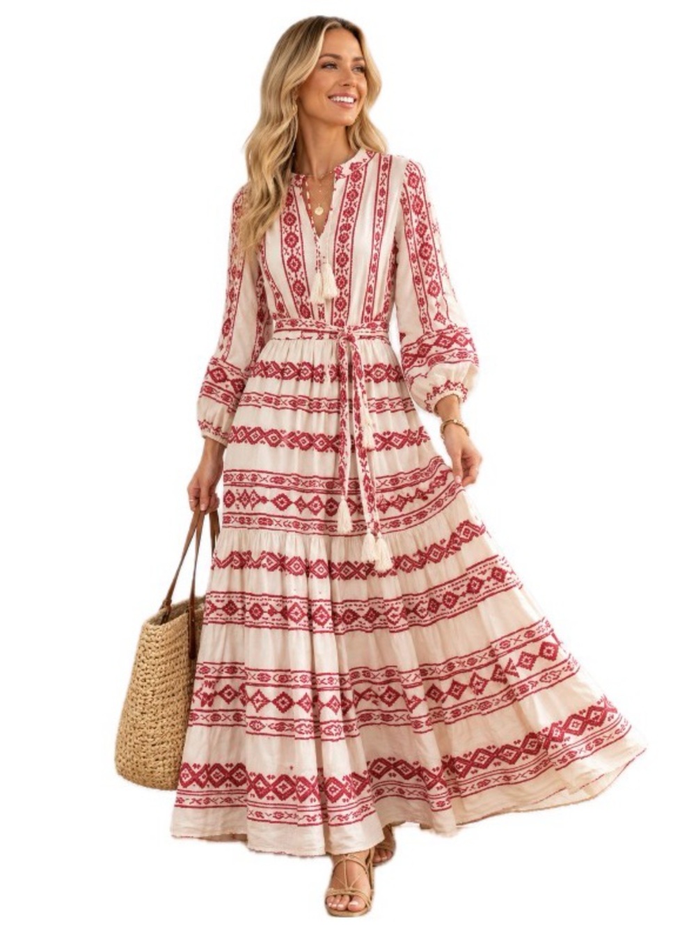 M & S Collection, Red and Ivory  BoHo dress, Size L